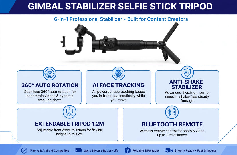 PocketPro 360° AI Tracking Gimbal - Anti-Shake Tripod for Vlog